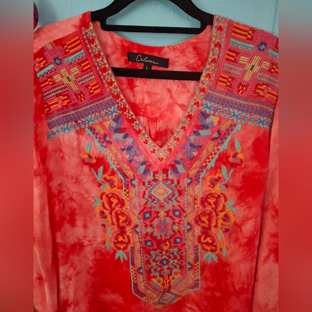 Caleoos Women's L BOHO Melon Tunic W Turquoise Blue Embroidered Front Pre - Picture 2 of 5